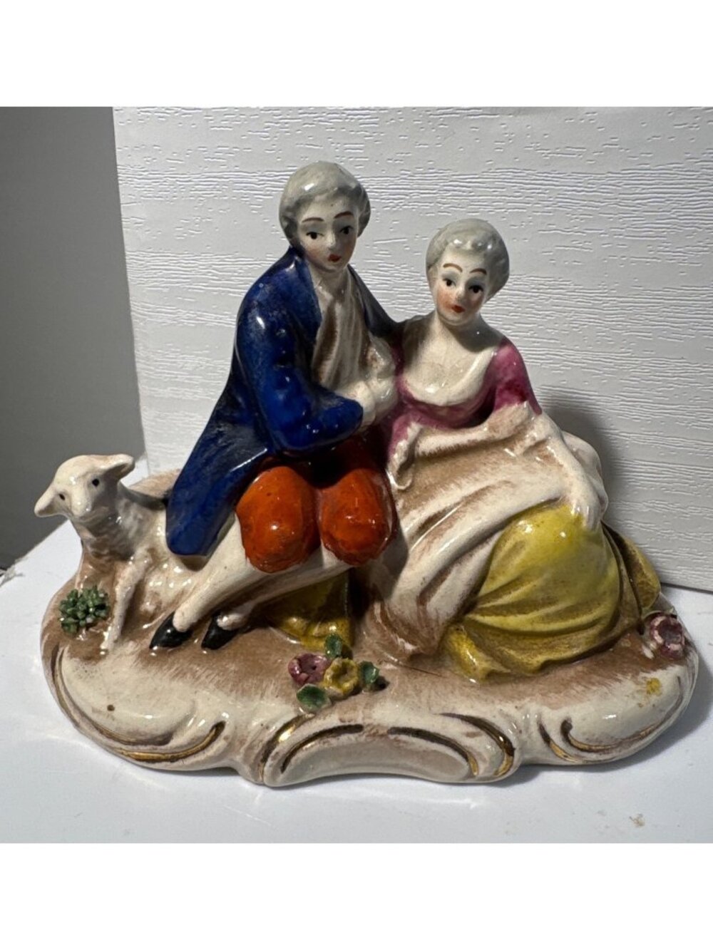 Vintage Goebel Porcelain Seated Courting Couple Weathered Look Lamb Flowers 4x3"